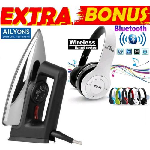 AILYONS ELECTRIC DRY IRON BOX 1000W With Titanium Teflon Non-Stick Soloplate // IronBox // PASI FOR IRONING OFFICIAL TROUSERS AND SUITES+ FREE P47 BLUETOOTH WIRELESS HEADPHONES WITH FM RADIO & MEMORY