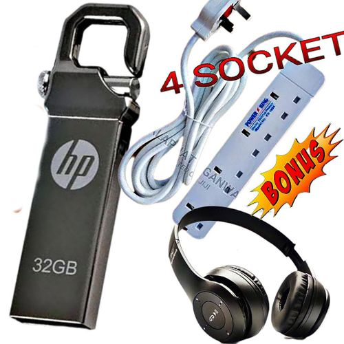 HP Ultra-Compact Pendrive 32GB USB Flash Drives USB 32GB Carrying Capacity 32 GB FlashDisk + Extra Bonus Bluetooth Wireless Headphones With Memory Card, 4Way, 4-Way Power Extension Cable Socket