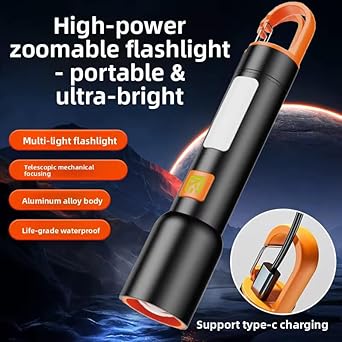 GlowBase Aluminum Alloy Rechargeable Torch Light, 1000 Lumens Torch Light with 6 Light Modes with White & Warm Light Mode, Telescoping Zoom, Waterproof Type-C,for Camping, Hiking & Farming 2KM Range