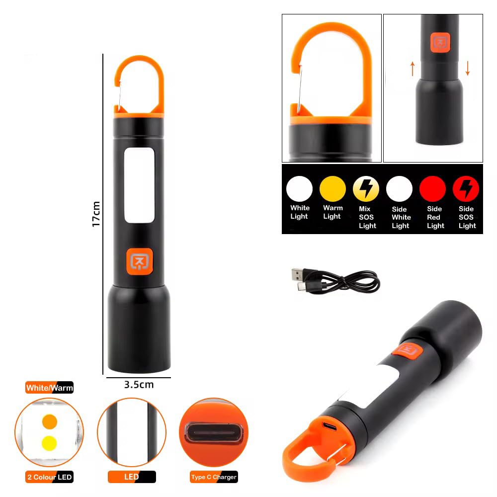 GlowBase Aluminum Alloy Rechargeable Torch Light, 1000 Lumens Torch Light with 6 Light Modes with White & Warm Light Mode, Telescoping Zoom, Waterproof Type-C,for Camping, Hiking & Farming 2KM Range