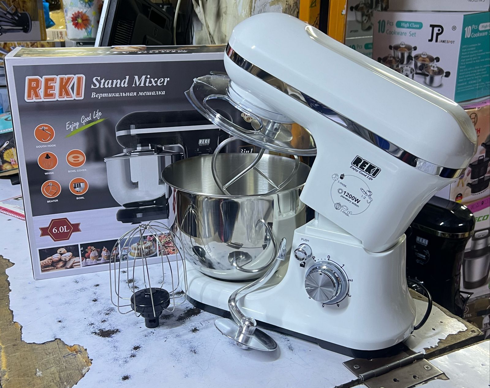 REKI Commercial Stand Mixer 6L 1200W – Stainless Steel Bowl, 6 Speed + Turbo, Dough Hook, Whisk & Beater, White