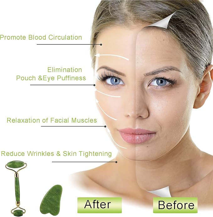 FLASH SALE!!  Jade Roller and Gua Sha Massager Tool - Jiasoval Anti-Aging Face Roller Massage, Facial Roller to Reduce Wrinkles, Eye Puffiness, Durable,Noiseless Stones Massager Kit for Face/Neck/Back
