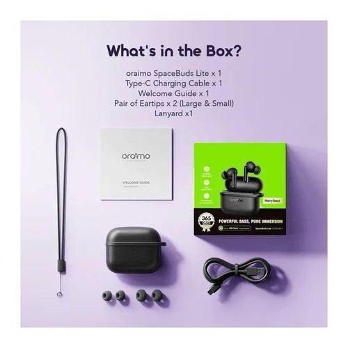 SUPER OFFER!!ORAIMO SPACEBUD LITE OTW-324 Up To 40hrs Long Playtime New lite series pods with sound 360 spatial audio and antilost Lanyard Havy Bass Input: Type-C And Bluetooth Version: V 5.4