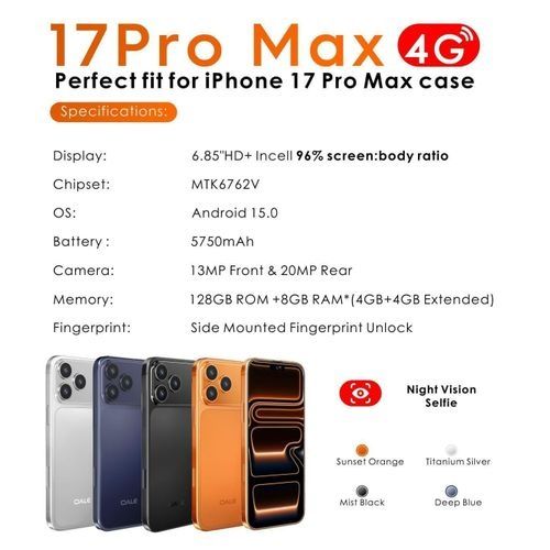 HOT DEALS!! OALE 17 PRO MAX 4G:| 6.85" HD+ Incell Display | 8(4+4)GB RAM+128GB ROM | 5750mAh Battery | Dual SIM | 20MP Rear & 13MP Selfie Camera | Android 15 | Type-C Port | Side-Fingerprint Unlock |