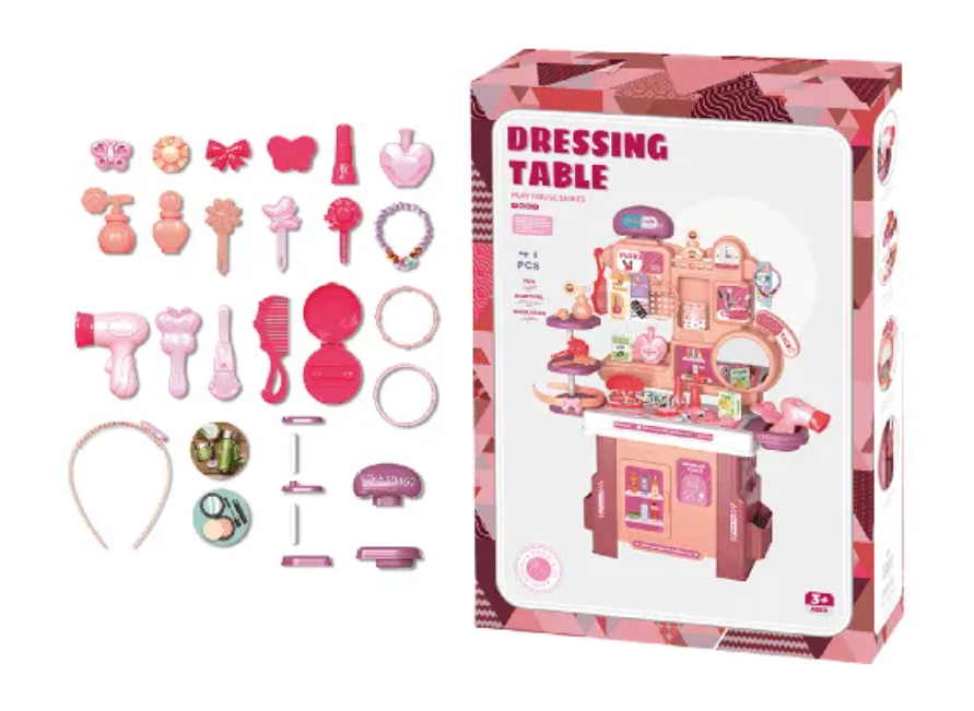 Kids Makeup Vanity Table with Lights and Mirror, Pretend Play Dresser Set for Girls – Includes Accessories – Perfect Gift for Ages 3+