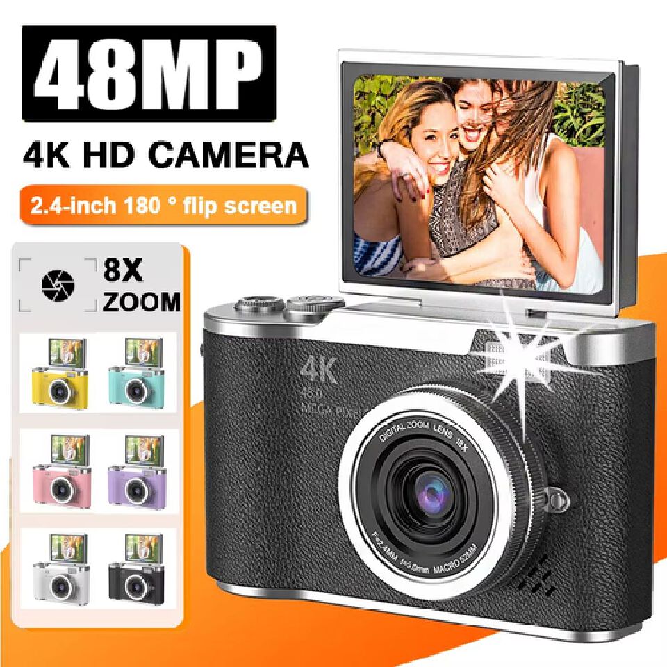 4K Digital Camera CCD 180° Flip Screen Selfie Camera 8X Digital Zoom 48MP Portable Digital Photography Camera with 32G Card