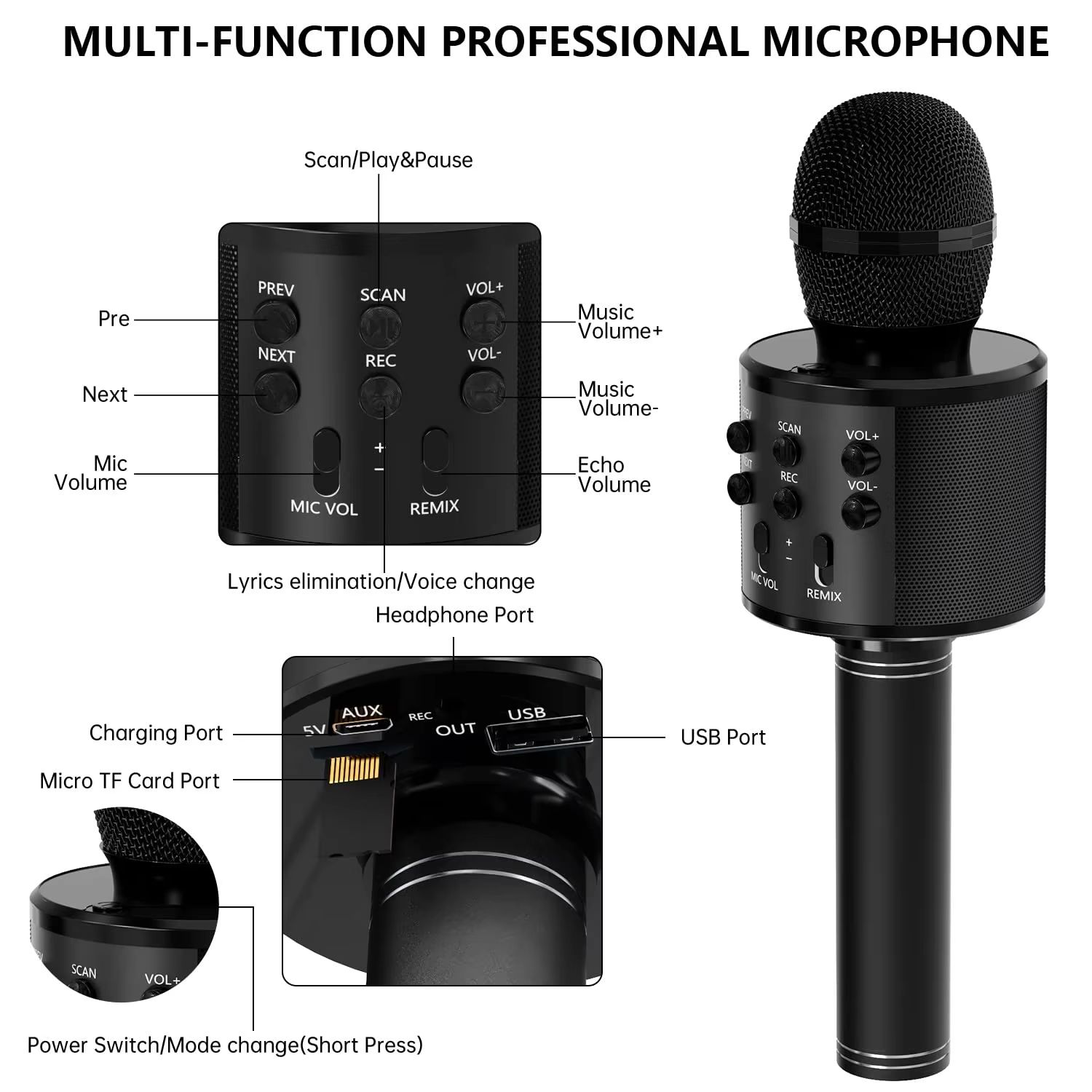 Portable Handheld Wireless Karaoke Microphone Speaker Microphone for Kids Music Player Singing Recorder KTV