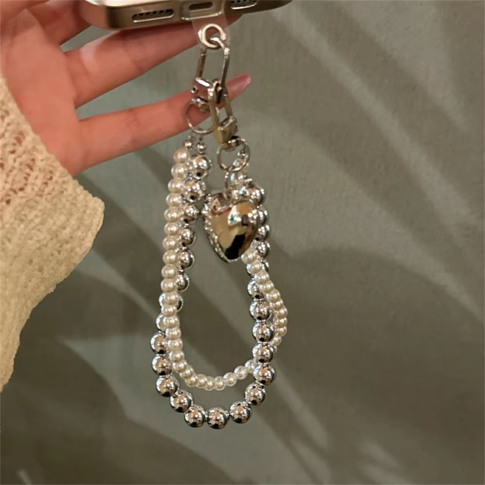 Luxury Silver Pearl Love Heart Bead Chain Pendant Phone Charm Strap For iPhone Samsung Accessrioes Woman Girl Hanging Rope Cord