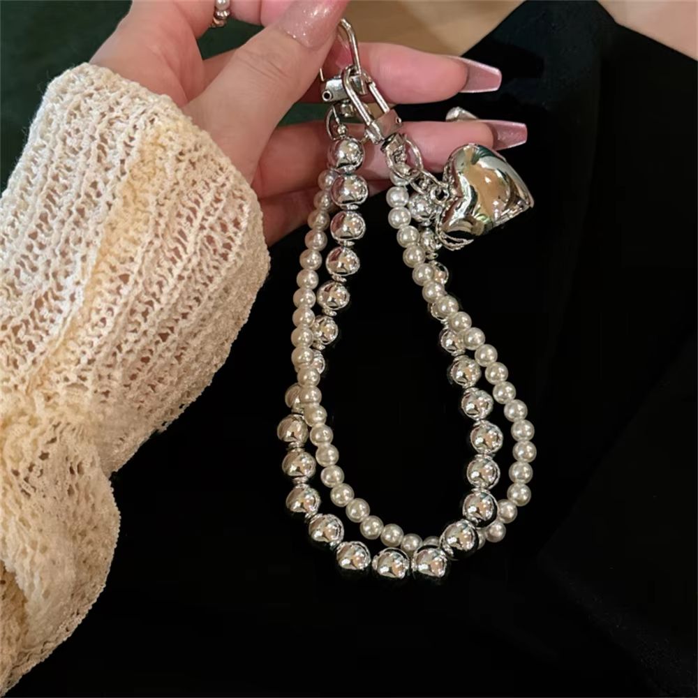 Luxury Silver Pearl Love Heart Bead Chain Pendant Phone Charm Strap For iPhone Samsung Accessrioes Woman Girl Hanging Rope Cord