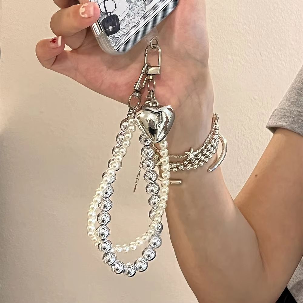Luxury Silver Pearl Love Heart Bead Chain Pendant Phone Charm Strap For iPhone Samsung Accessrioes Woman Girl Hanging Rope Cord