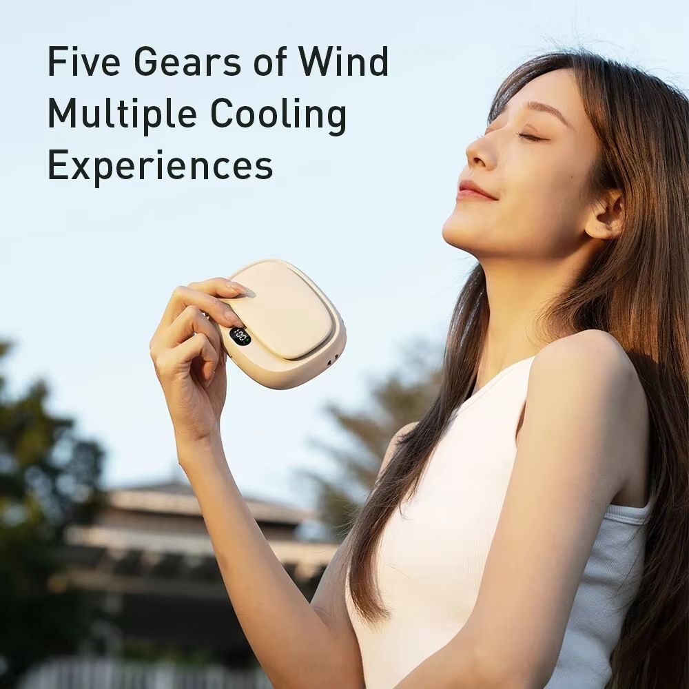 1800mAh handheld mini fan with multifunctional neck hanging fan, 5-speed USB rechargeable fan with display screen, portable USB outdoor five speed high wind silent neck hanging small fan