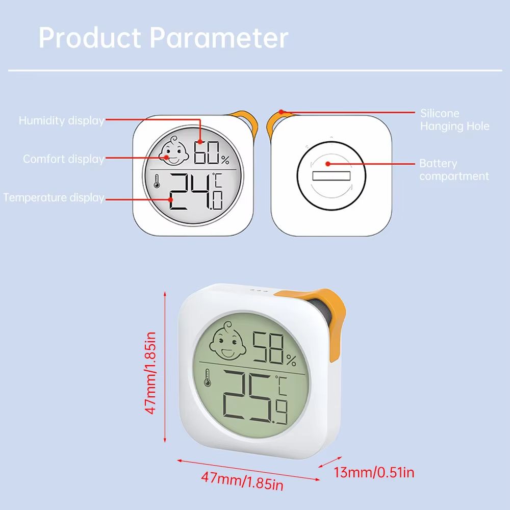 Portable Temperature Humidity Meter, -20~60℃ High-Precision with Comfort Icons, Wall/Desk/Stick Mount for Home/Office/Nursery