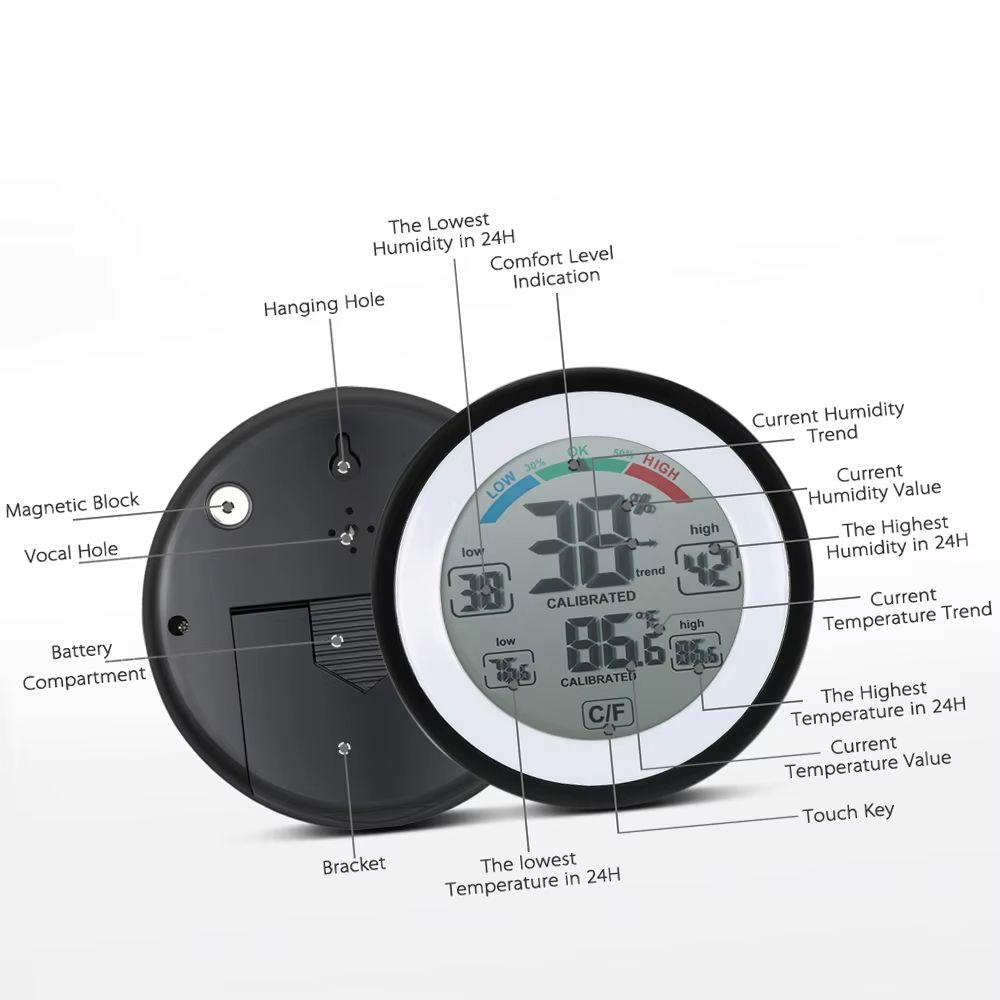 Digital thermometer, hygrometer, temperature and humidity meter, circular household digital display temperature and humidity meter, indoor humidity meter, mini temperature and humidity meter
