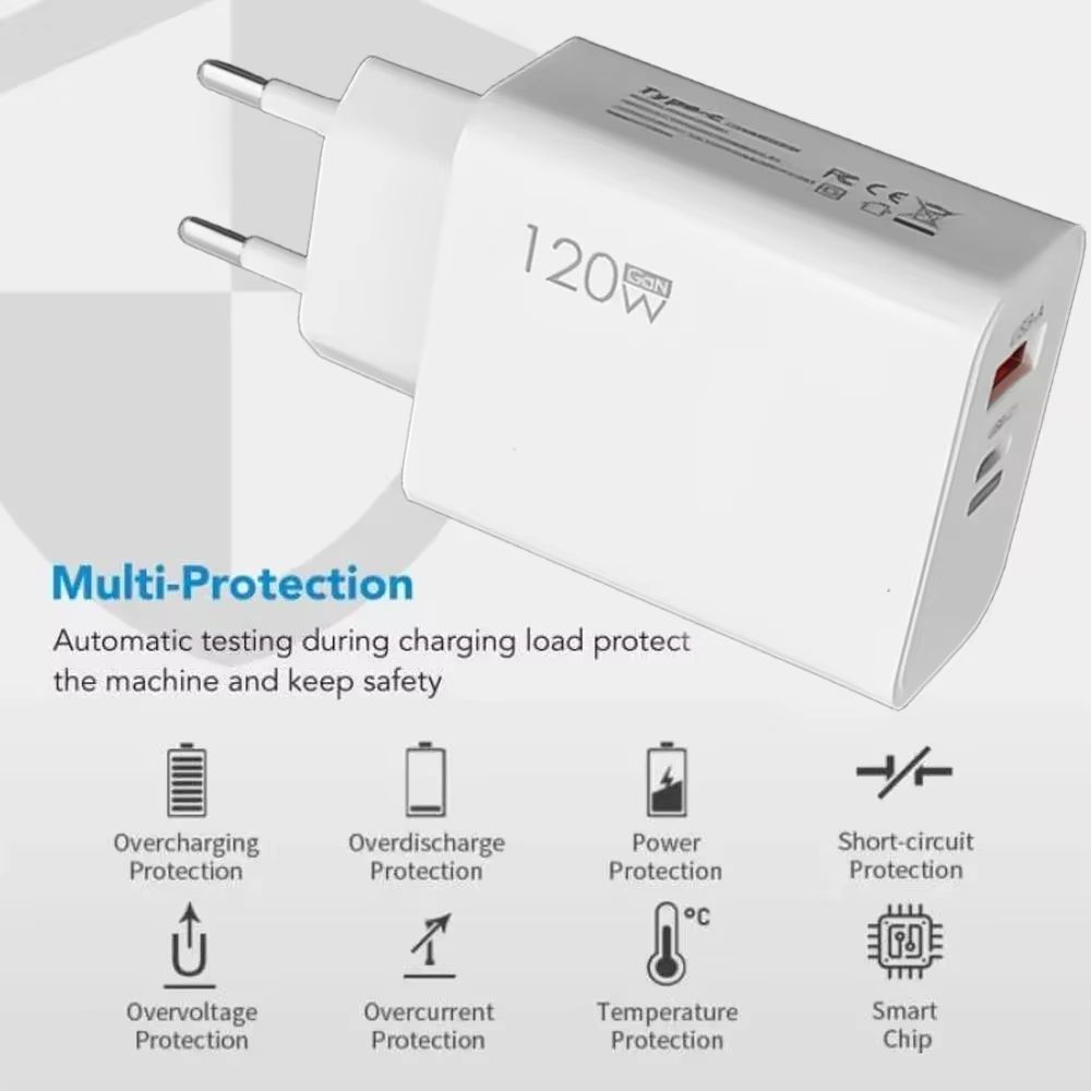 2 Ports USB A PD 120W Charger EU/US/UK Fast Charging Phone Type-C Charger QC 3.0 Adapter Head for iPhone Samsung Xiaomi Redmi