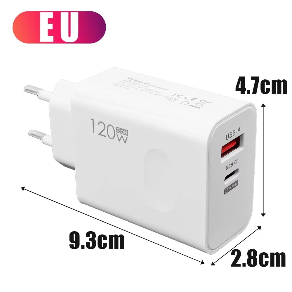 2 Ports USB A PD 120W Charger EU/US/UK Fast Charging Phone Type-C Charger QC 3.0 Adapter Head for iPhone Samsung Xiaomi Redmi