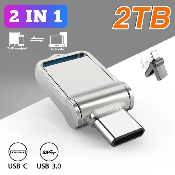 2 IN 1 Metal USB Flash Drive USB 3.0 High Speed Mobile Phone Computer Mutual Transmission U Disk 2TB Large Capacity Pendrive