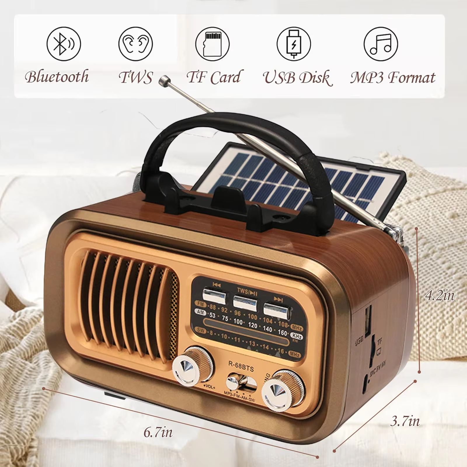 Portable DSP Radio Classic Vintage FM AM SW Radios Wireless Retro Solar Bluetooth Speaker MP3 TF USB Music Box Removable Battery
