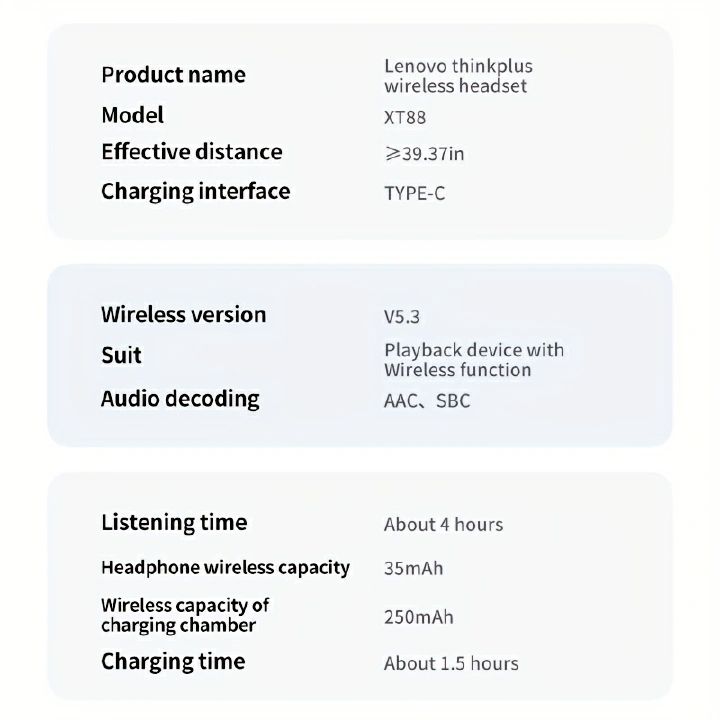 Original Lenovo Thinkplus XT88 Earpods Bluetooth Earphones TWS Wireless Earphone Bluetooth 5.3 Dual Stereo Noise Reduction Bass Touch Control Long Standby headset