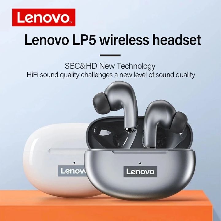 Original Lenovo ThinkPlus LP5 Earphones Bluetooth Earpods TWS Wireless Earphones 9D Stereo Sports Earphones Waterproof Microphone Earphones Suitable for Smartphones