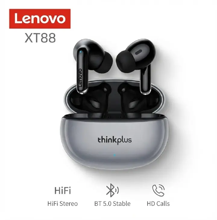 Original Lenovo Thinkplus XT88 TWS Wireless Earphones Bluetooth 5.3 Dual Stereo Noise Reduction Bass Touch Control Long Standby Headset with Mic - Black