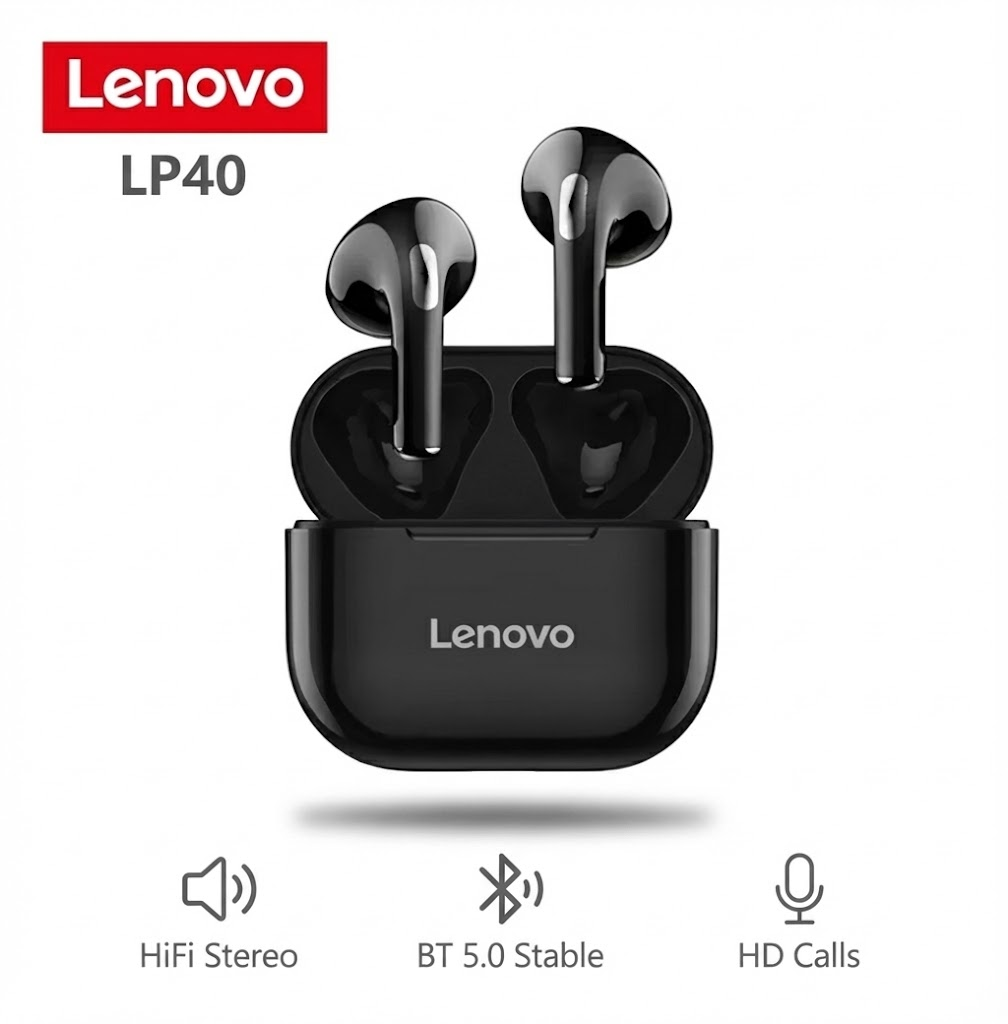 Original Lenovo Thinkplus LP40 TWS Wireless Earphone Bluetooth 5.0 Earpods True Stereo Earbuds Touch Control Bass Gaming Headset with Mic for Android iOS - Black / White