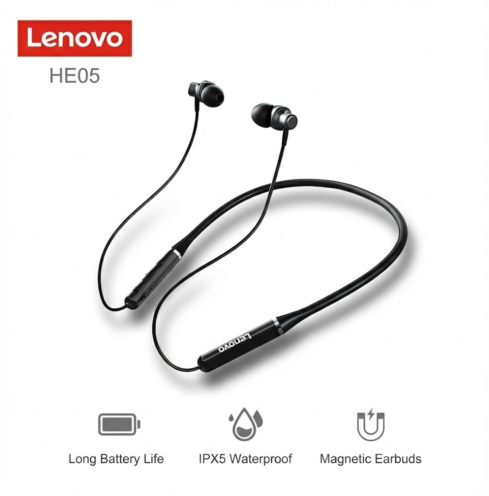 Lenovo Thinkplus HE05 Bluetooth Earphones Neck Hanging Earpods Super Bass Sports Earphone with Mic Wireless Headphone for Android IOS with charging cable Black