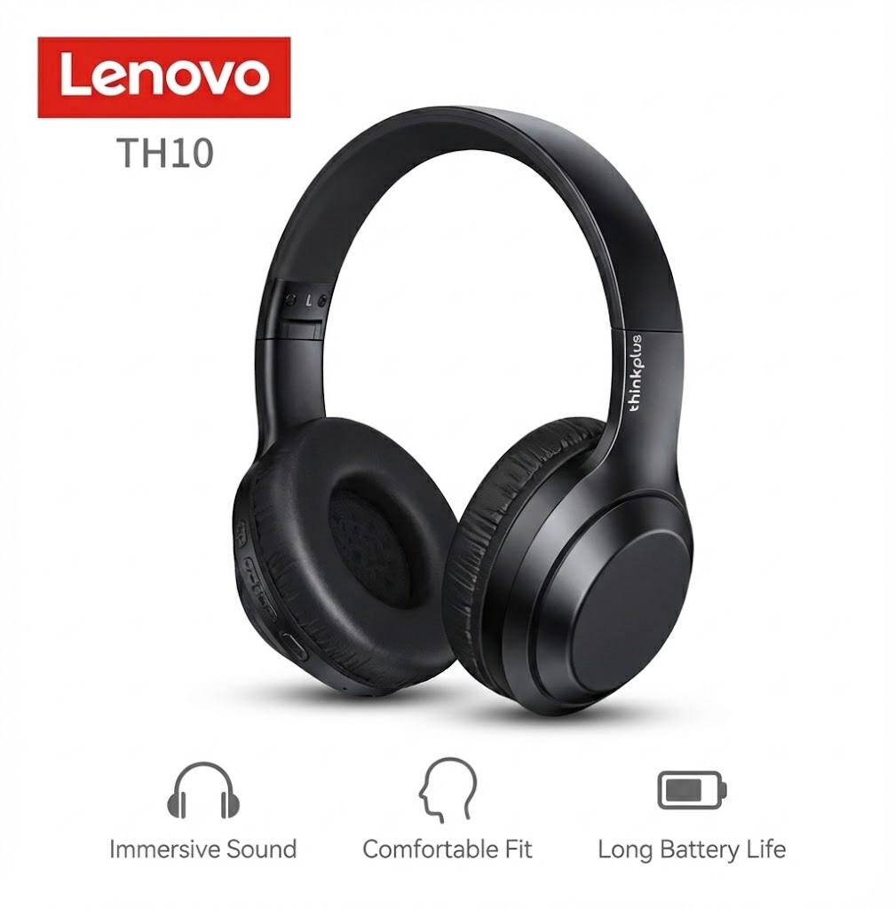 Original Lenovo Thinkplus TH10 Bluetooth Headphones Wireless HIFI Stereo Over-Ear Headset with Mic 3.5mm AUX Foldable Headphone Bluetooth Earpods Sports Earphones for Android iOS & PC - Black / White
