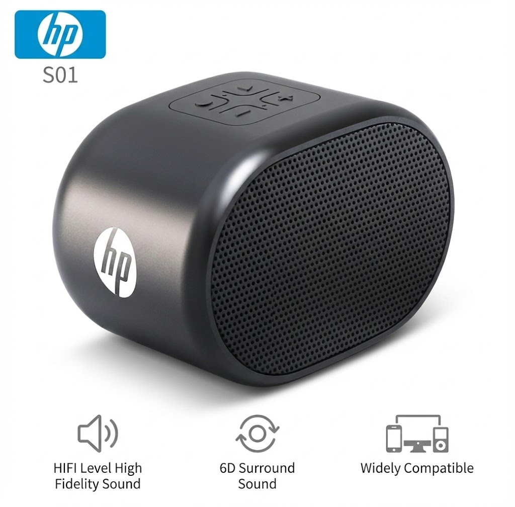 HP S01 Mini Bluetooth Speaker Portable Wireless Rechargeable Speaker with 360° Surround Sound FM Radio Deep Bass for PC Desktop Laptop & Mobile Phones - Black