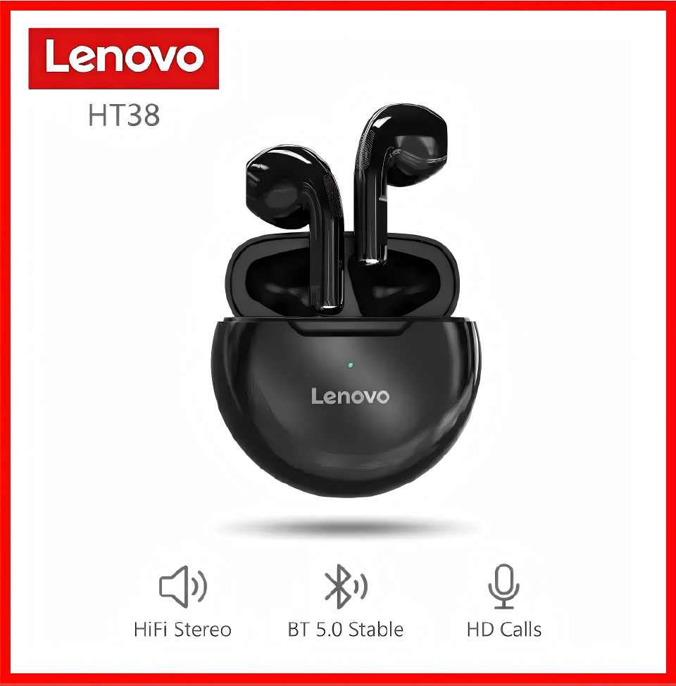 Original Lenovo Thinkplus HT38 TWS Wireless Earphone Bluetooth 5.0 Earpods Sport Headset Waterproof Noise Cancelling Earbuds with Mic for Android iOS - Black / White