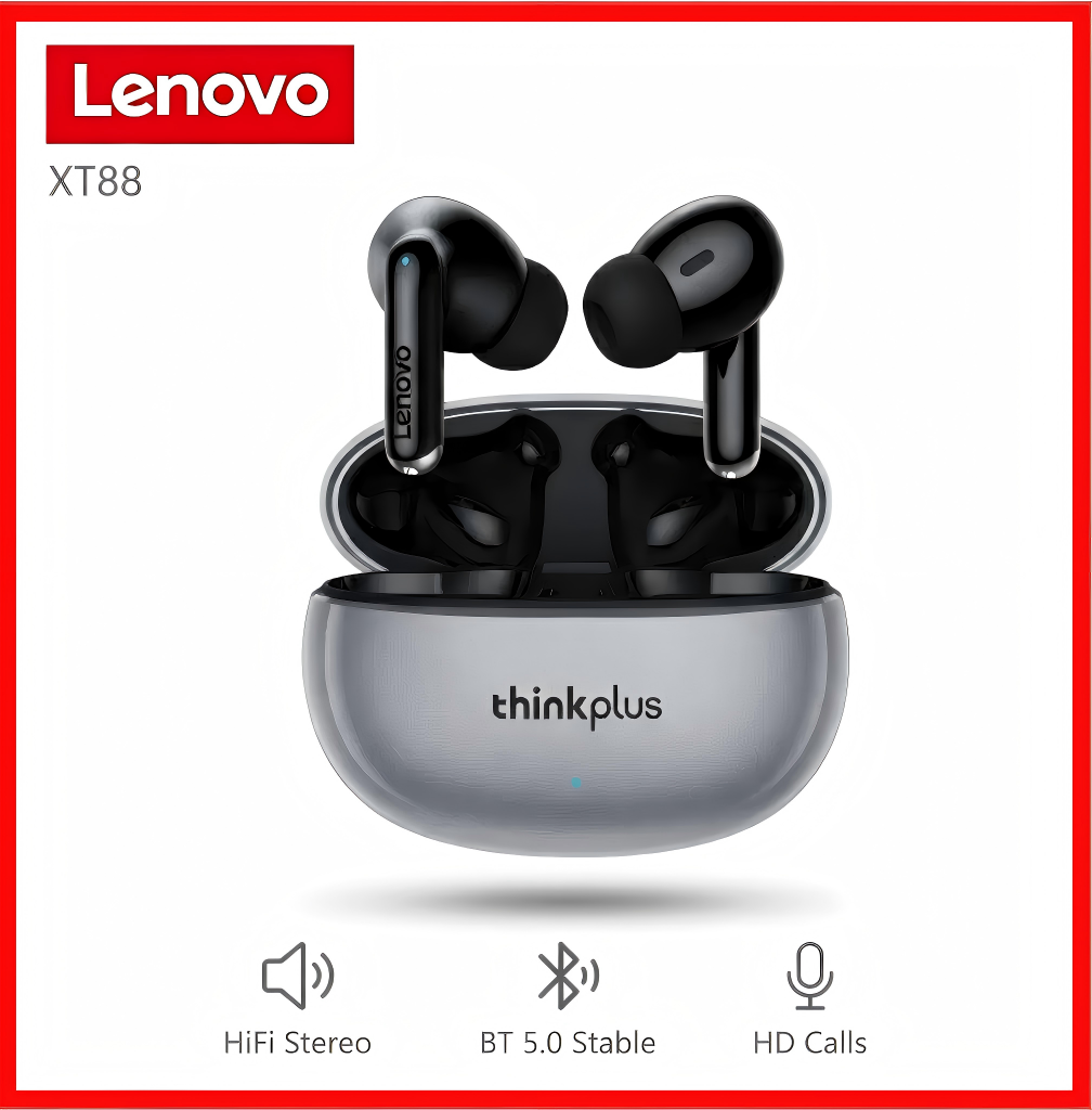 Original Lenovo Thinkplus XT88 TWS Wireless Earphones Bluetooth 5.3 Dual Stereo Noise Reduction Bass Touch Control Long Standby Headset with Mic - Black