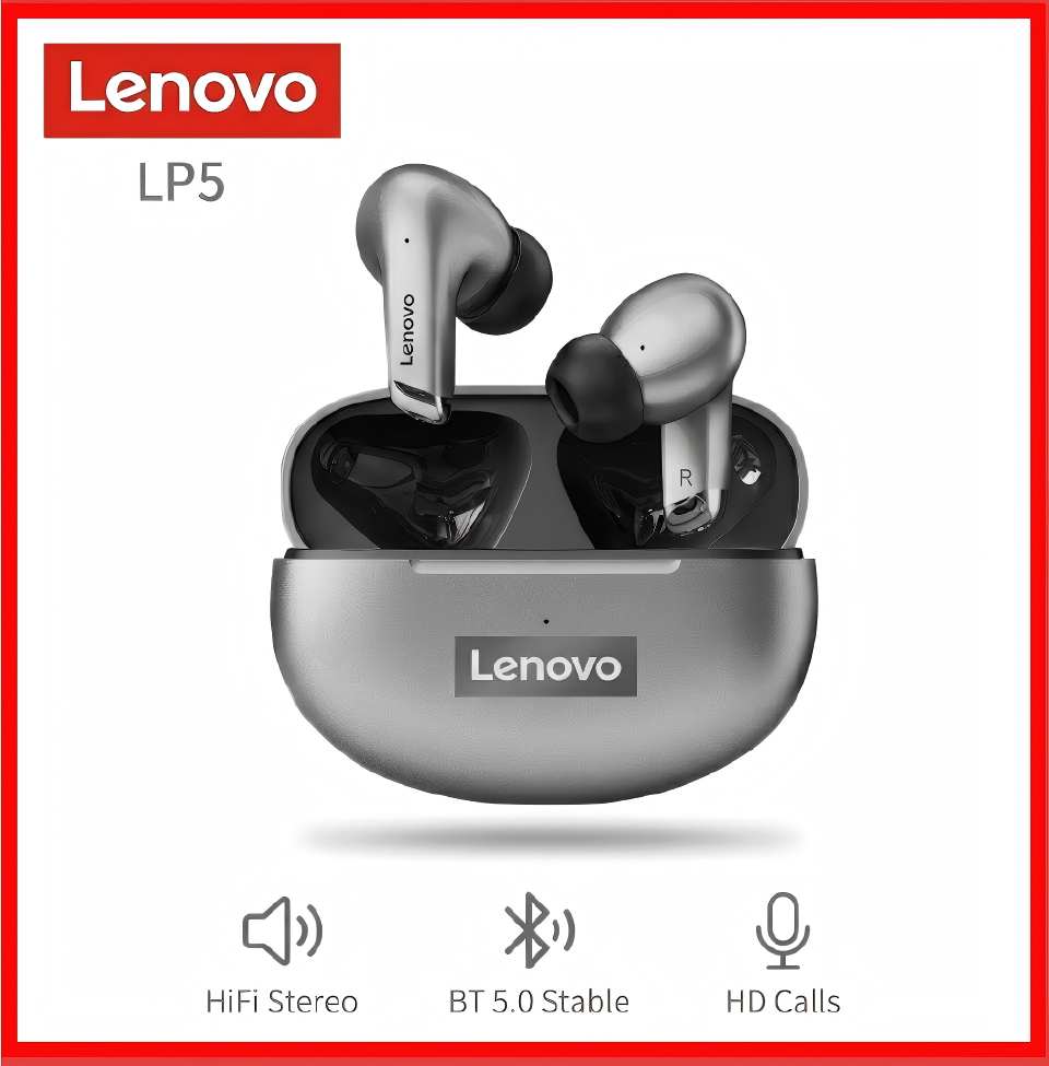 Original Lenovo Thinkplus LP5 TWS Wireless Earphone Bluetooth 5.0 Earpods 9D Stereo Surround Sound Waterproof Sports Headset with Mic for Android iOS - Black