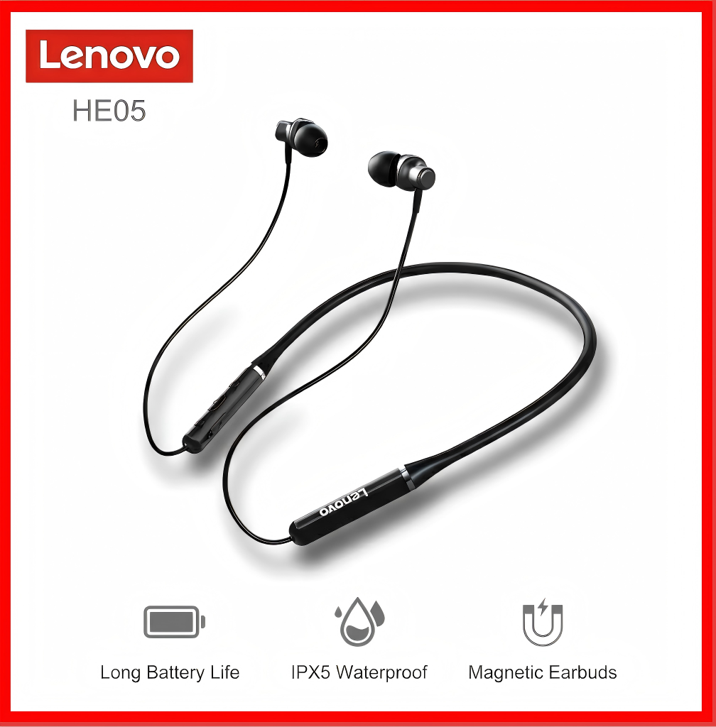 Lenovo Thinkplus HE05 Bluetooth Earphones Neck Hanging Earpods Super Bass Sports Earphone with Mic Wireless Headphone for Android IOS with charging cable Black