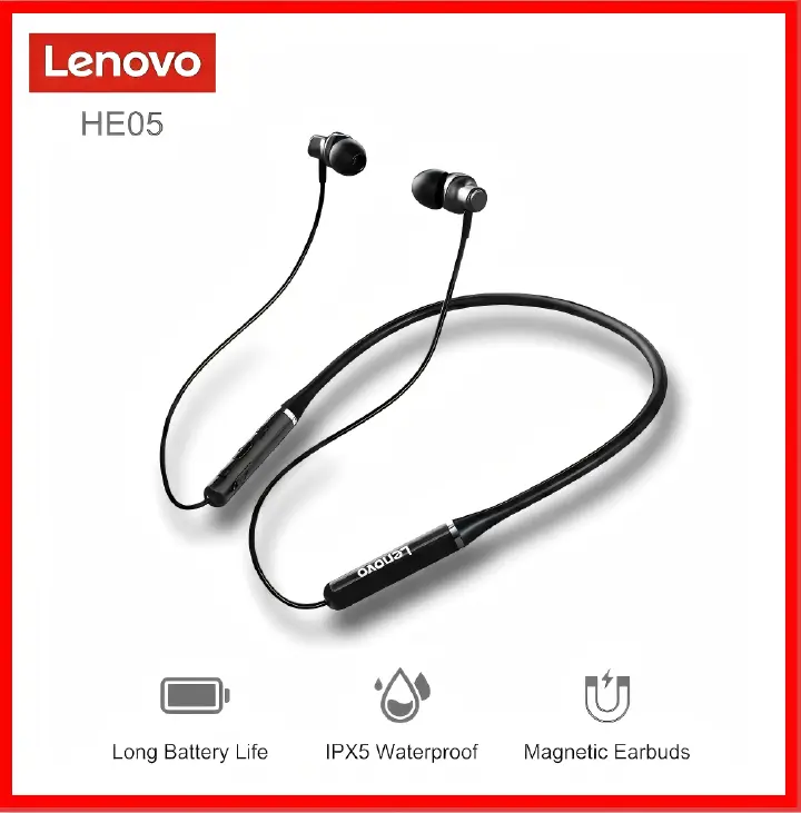 Lenovo Thinkplus HE05 Bluetooth Earphones Neck Hanging Earpods Super Bass Sports Earphone with Mic Wireless Headphone for Android IOS with charging cable Black