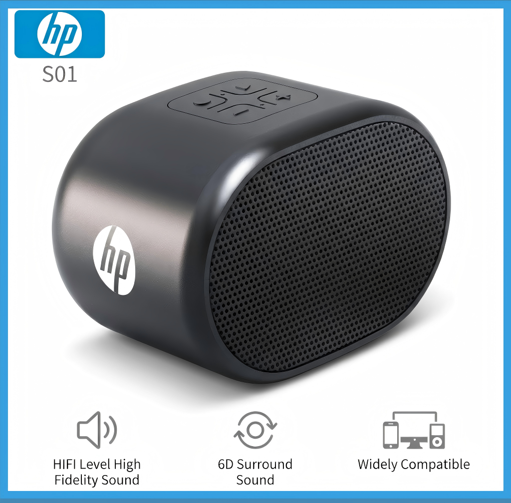 HP S01 Mini Bluetooth Speaker Portable Wireless Rechargeable Speaker with 360° Surround Sound FM Radio Deep Bass for PC Desktop Laptop & Mobile Phones - Black