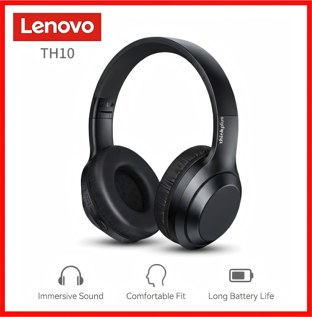 Original Lenovo Thinkplus TH10 Bluetooth Headphones Wireless HIFI Stereo Over-Ear Headset with Mic 3.5mm AUX Foldable Headphone Bluetooth Earpods Sports Earphones for Android iOS & PC - Black / White