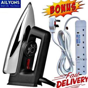 AILYONS High Quality Electric Dry Iron Box 1000W With Titanium Teflon Non-Stick Soloplate // IronBox + FREE 4 Way Power Extension Cable Socket