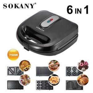 Sokany 6 In 1 Sandwich Grill Doughnut Waffle Maker can be used to make sandwich, waffles, grill, snack and doughnuts Non-Stick coated plate Easy to clean Cool touch body Thermostat cutout control
