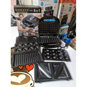 Sokany 6 In 1 Sandwich Grill Doughnut Waffle Maker can be used to make sandwich, waffles, grill, snack and doughnuts Non-Stick coated plate Easy to clean Cool touch body Thermostat cutout control