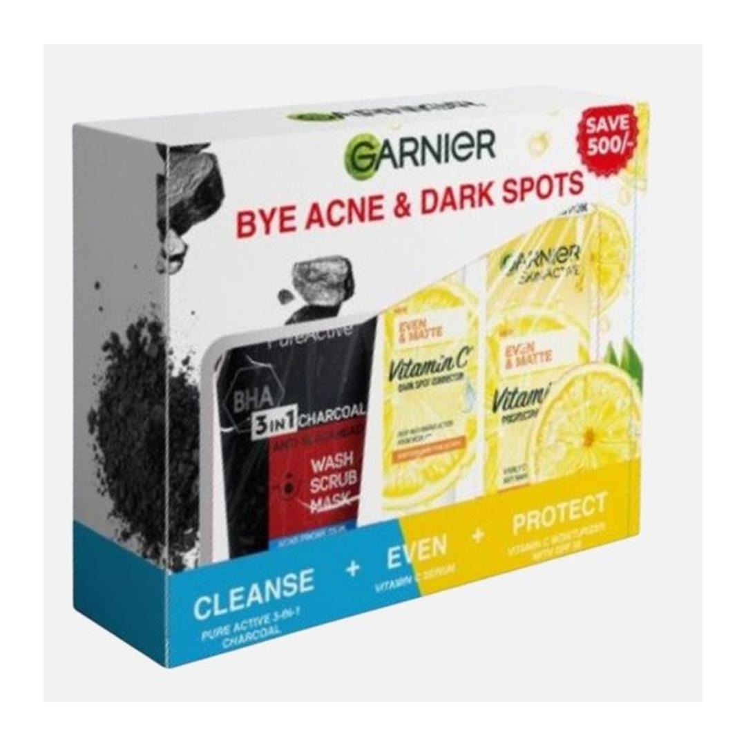 Garnier Bye Acne & Dark Spots Skin Care Kit: 3 In 1 Charcoal Cleanser 150ml + Vitamin C Brightening Booster Face Serum + SPF30 UV Protective Sunscreen 50ml