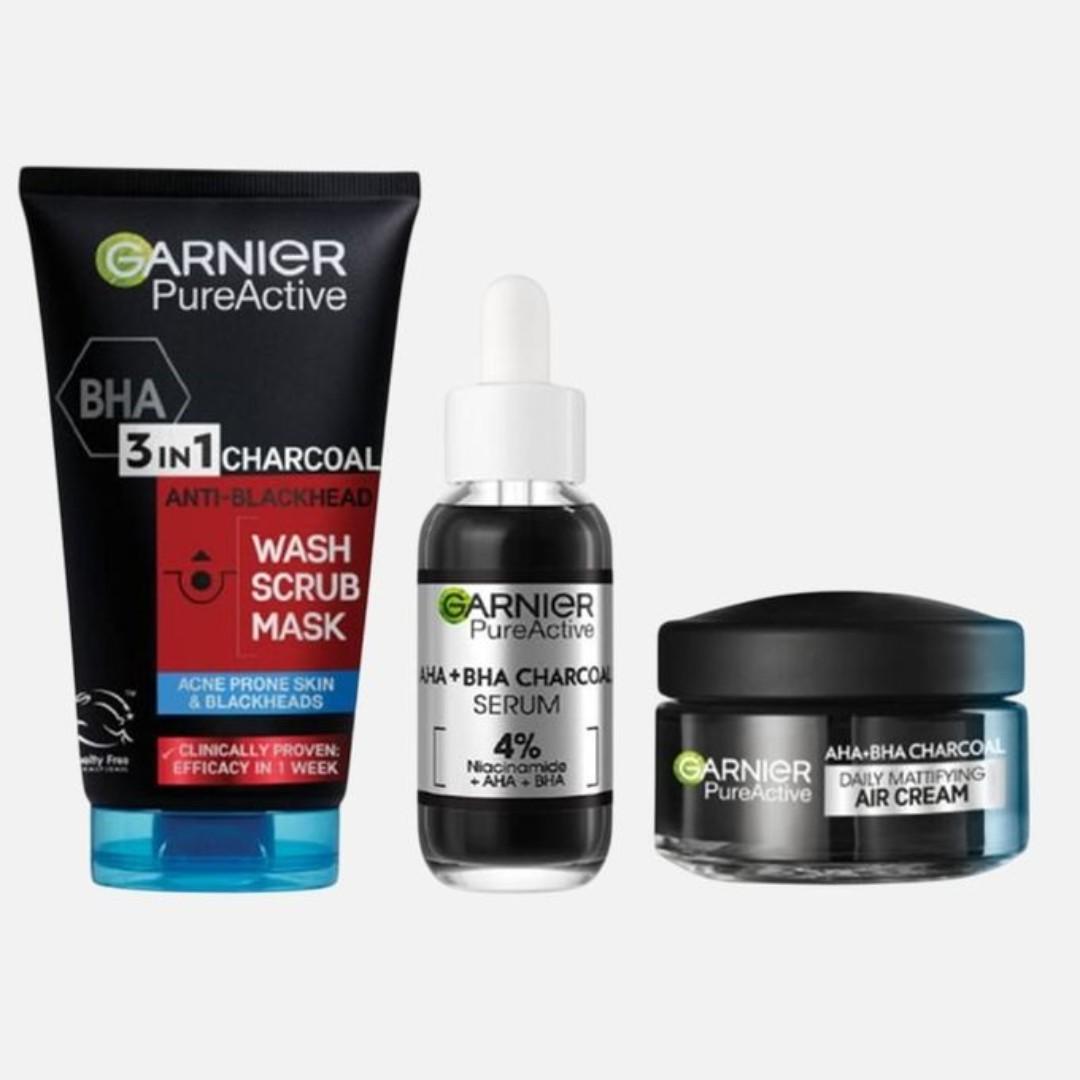 Garnier Acne Control Routine Kit: Pure Active Charcoal Wash 150ml+ AHA+BHA Charcoal Serum 30ml+ Mattifying Air Cream 50ml