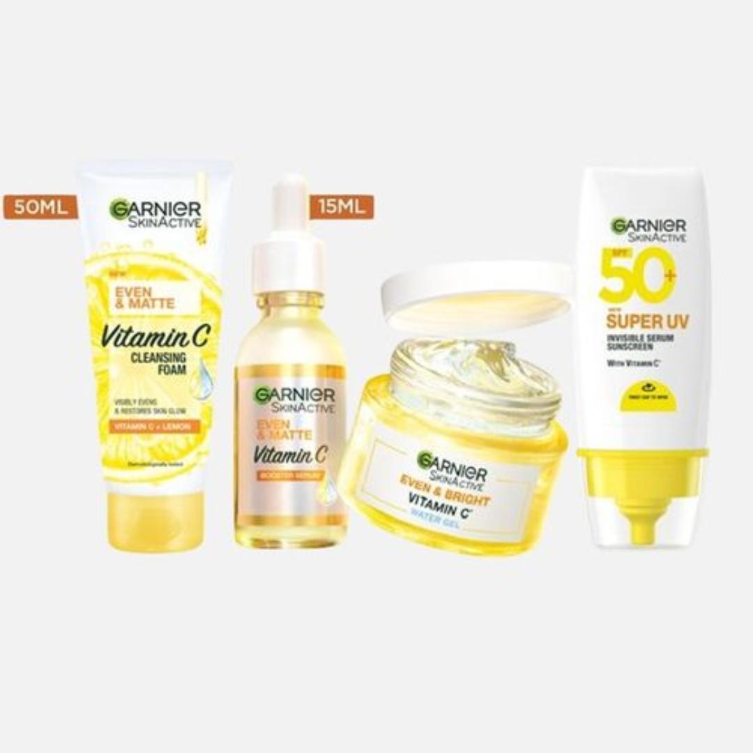 Garnier Even & Matte Even Glow MIni-Routine Kit: Super UV SPF 50 Sunscreen + Water Gel Glow Moisturizer + Day Serum 15ml + Cleanser 50ml.