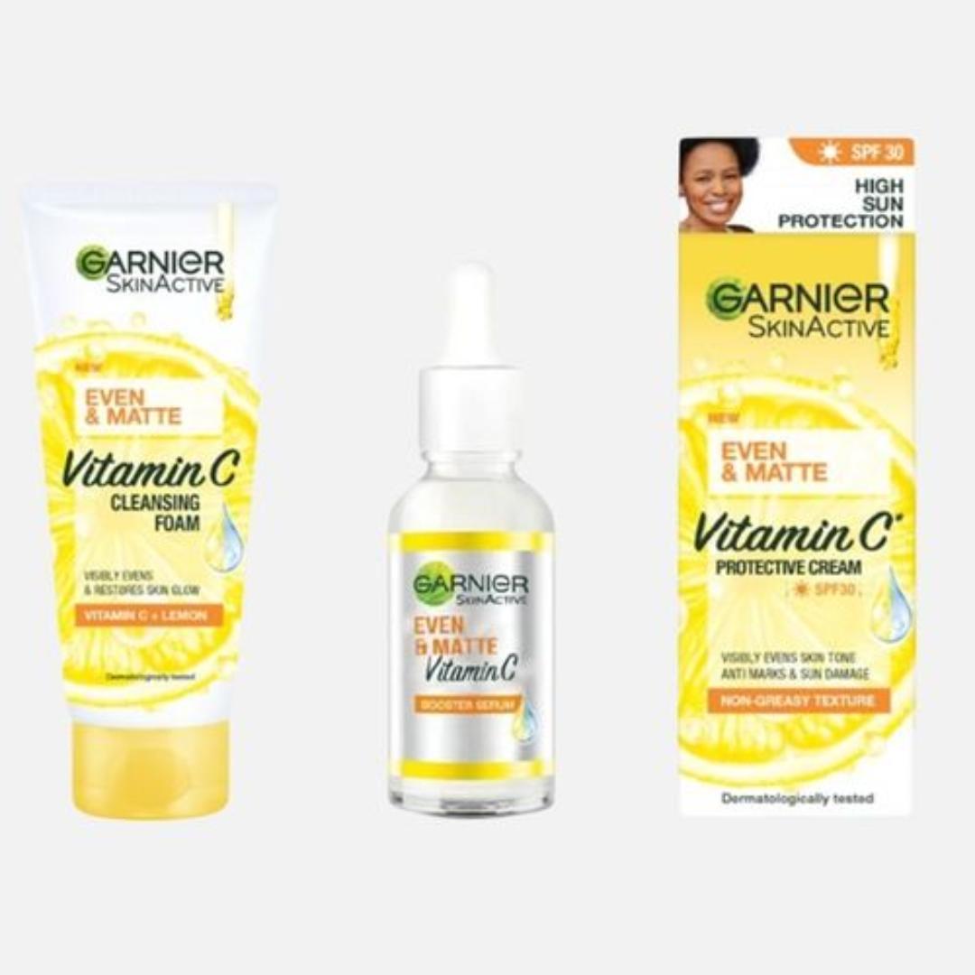 Garnier Even Tone Day Kit : Cleansing Foam + Day Vitamin C Serum + Protective Cream SPF 30