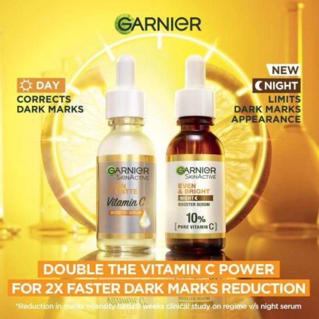 Garnier Day & Night Routine Pack: Even & Matte Vitamin C Booster Serum 30ml + Even & Bright Night Booster Serum 30ml