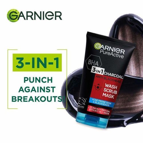 Garnier Pure Active 3-in-1 Anti Blackhead, Wash, Scrub, Mask, with BHA (Salycilic Acid) and Charcoal for Acne Prone Skin and Blackheads, 100ml