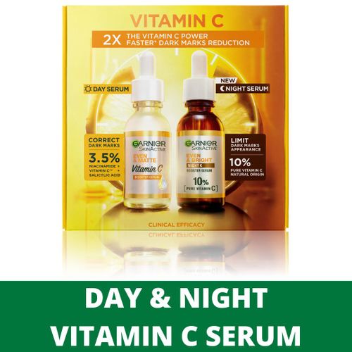 The 3-piece bundle set contains Garnier Even & Matte Vitamin C Cleansing Foam 50ml and Garnier Skin Active Even & Matte - Vitamin C Booster Serum 15ml. Upgrade your skincare routine with the new Garni