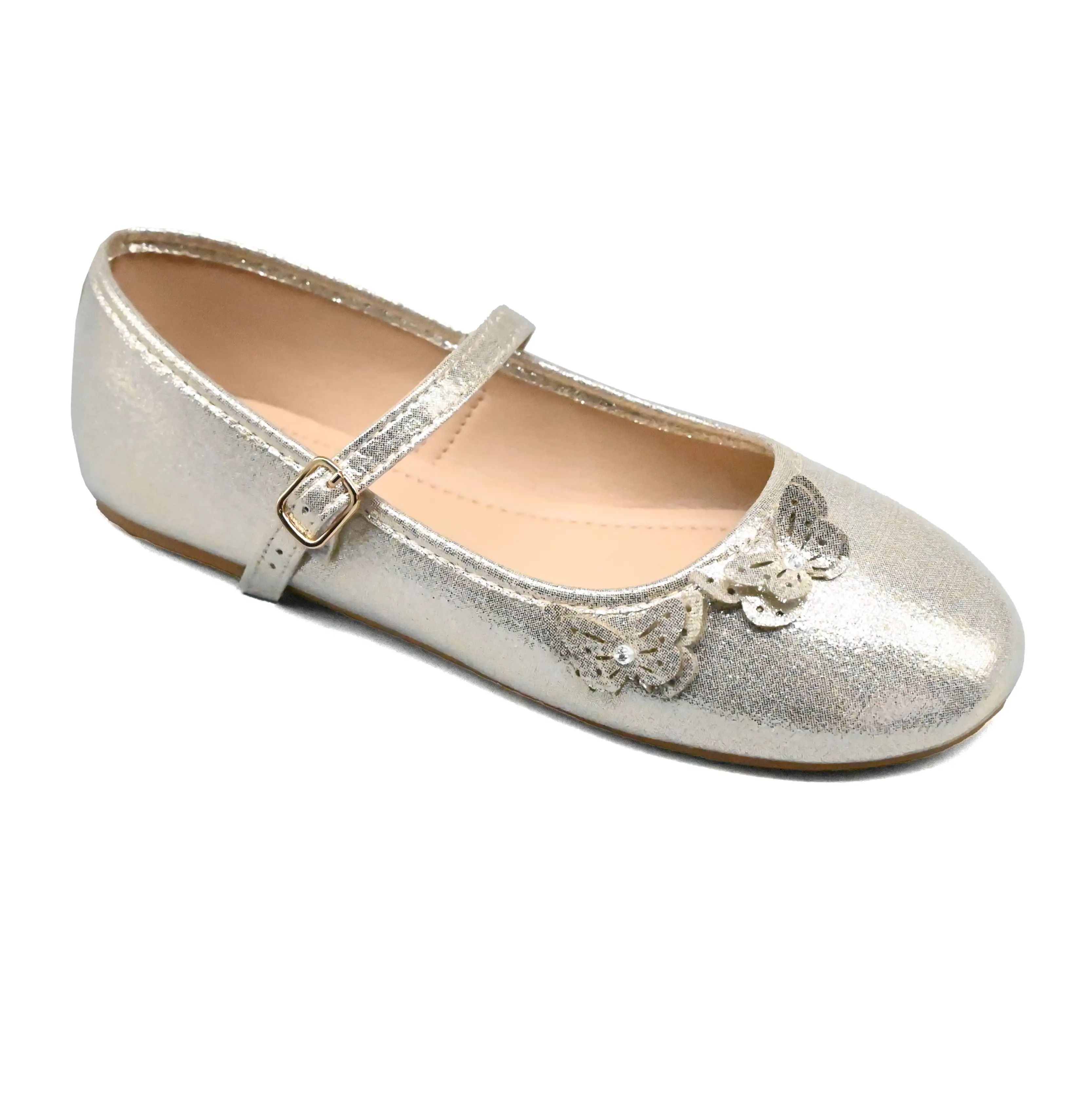 UMOJA Buggies Kendal Kids Shoes by Umoja – Gold & Black Glitter Mary Janes with rhinestone butterfly/floral detail & adjustable buckle. Elegant, comfy & stylish for parties & special occasions.