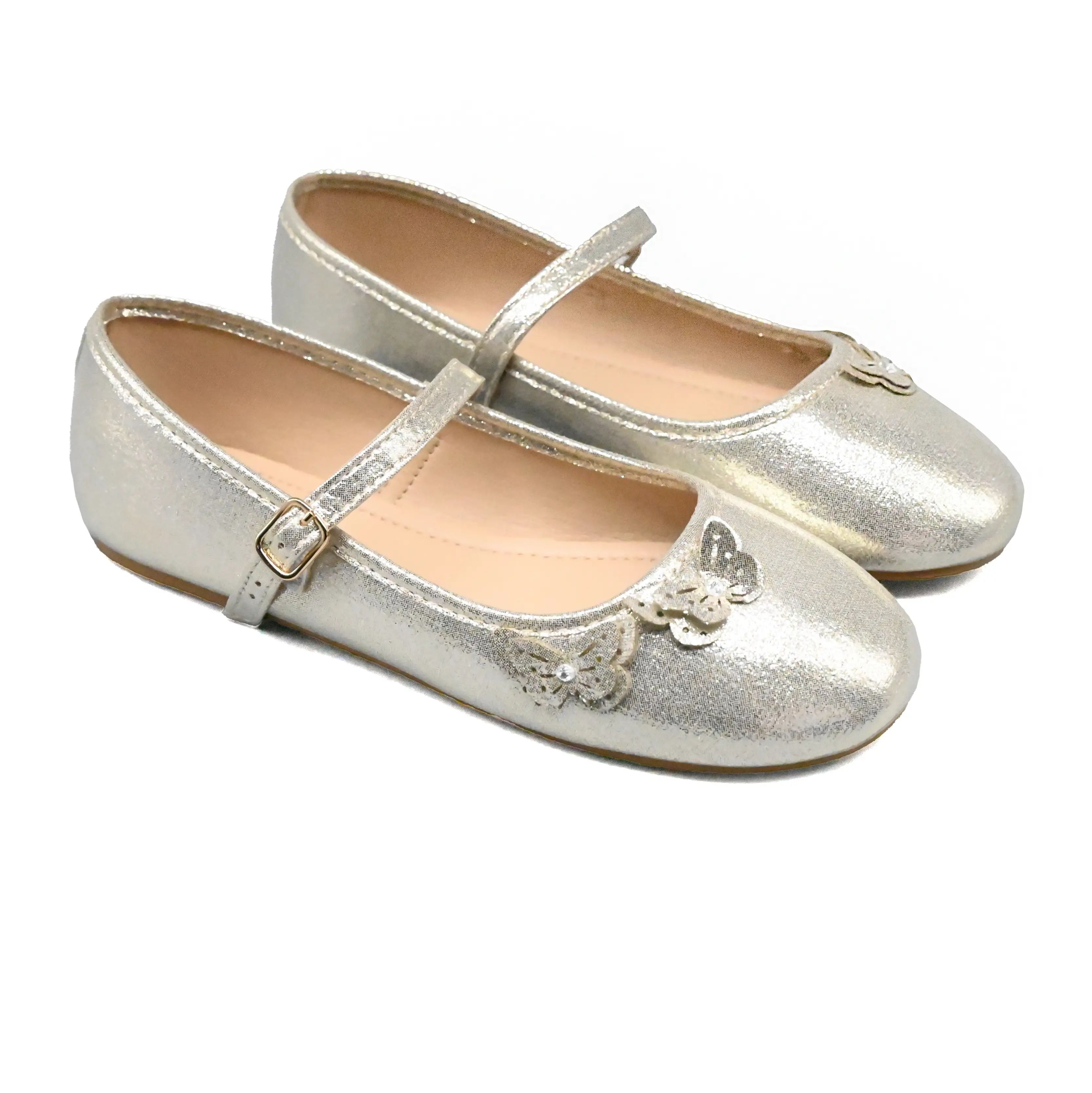 UMOJA Buggies Kendal Kids Shoes by Umoja – Gold & Black Glitter Mary Janes with rhinestone butterfly/floral detail & adjustable buckle. Elegant, comfy & stylish for parties & special occasions.