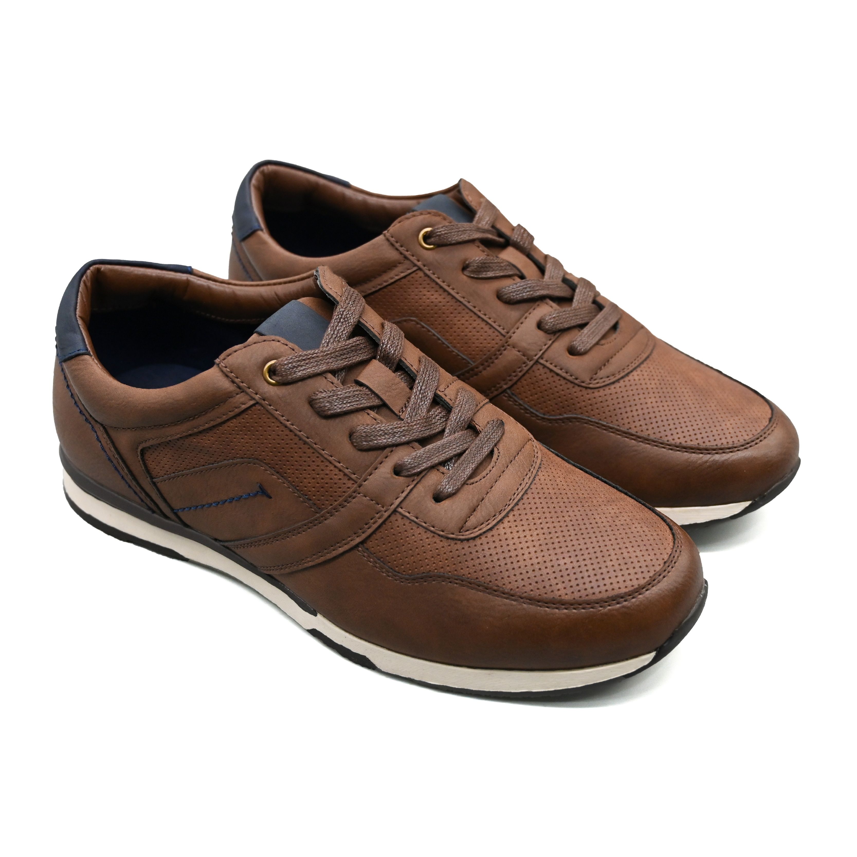 UMOJA Deniro Rafael – Men’s Leather Sneakers in Brown with Navy Accents & Black with Brown Heel by Umoja | Stylish, Comfortable Low-Top Footwear for Casual Outings, Smart-Casual Events & Everyday Wear