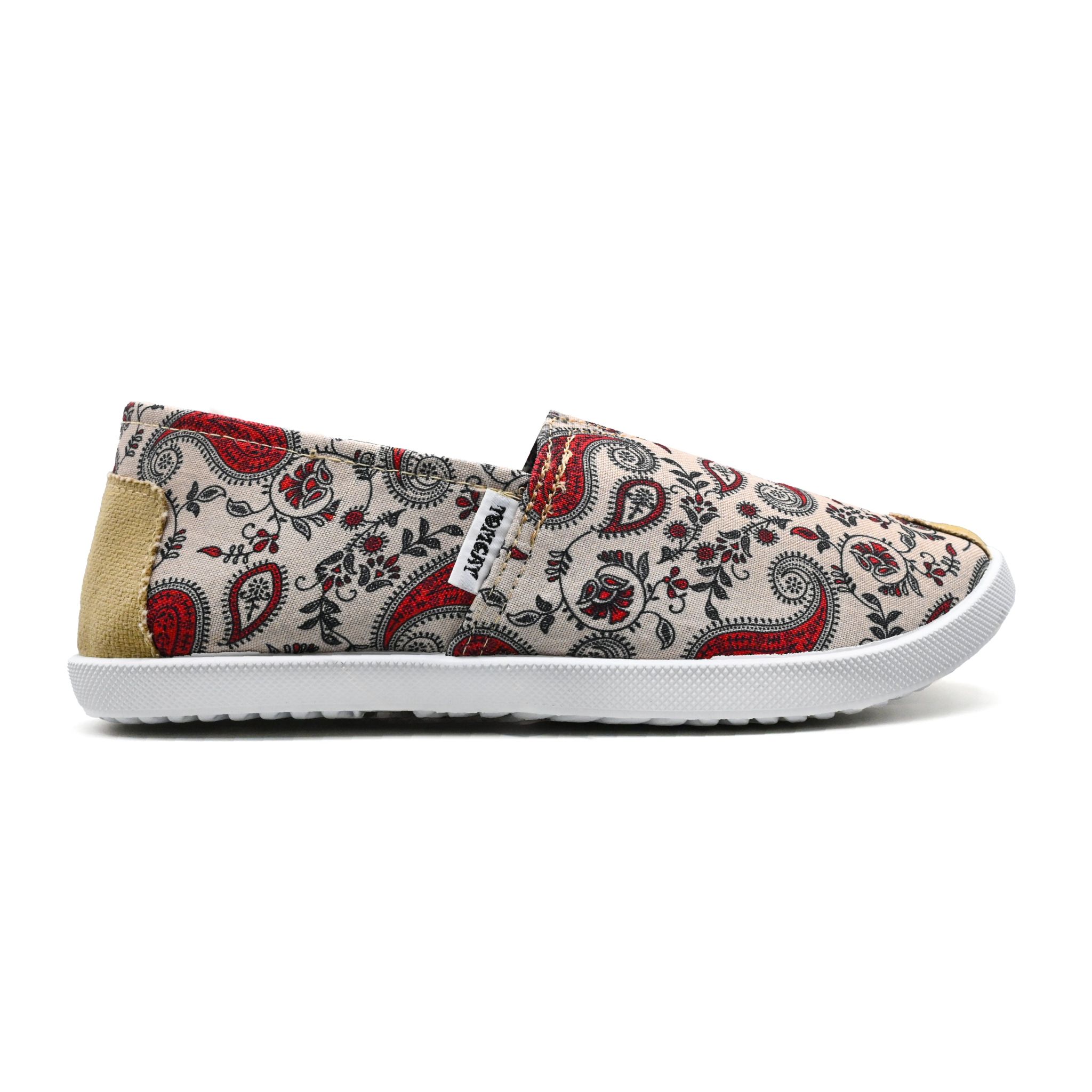 UMOJA Emmy Chapisha Canvas Shoes – Flowy | Bohemian Paisley Slip-On Canvas Shoes in Blue, Red, Black & Beige with Tan Accents for Casual Outings, Festivals & Everyday Comfort