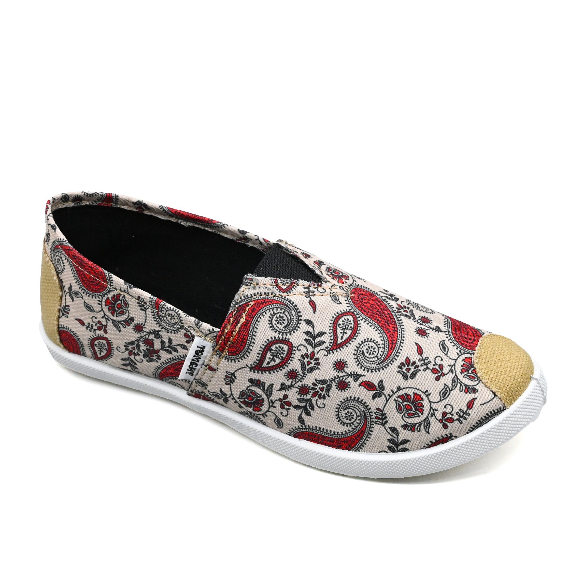 UMOJA Emmy Chapisha Canvas Shoes – Flowy | Bohemian Paisley Slip-On Canvas Shoes in Blue, Red, Black & Beige with Tan Accents for Casual Outings, Festivals & Everyday Comfort